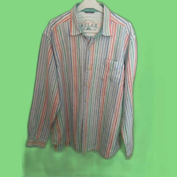Tommy Bahama Relax‎ 100% Linen Shirt Men's Large Multicolor Stripe Long Sleeve - Picture 1 of 6